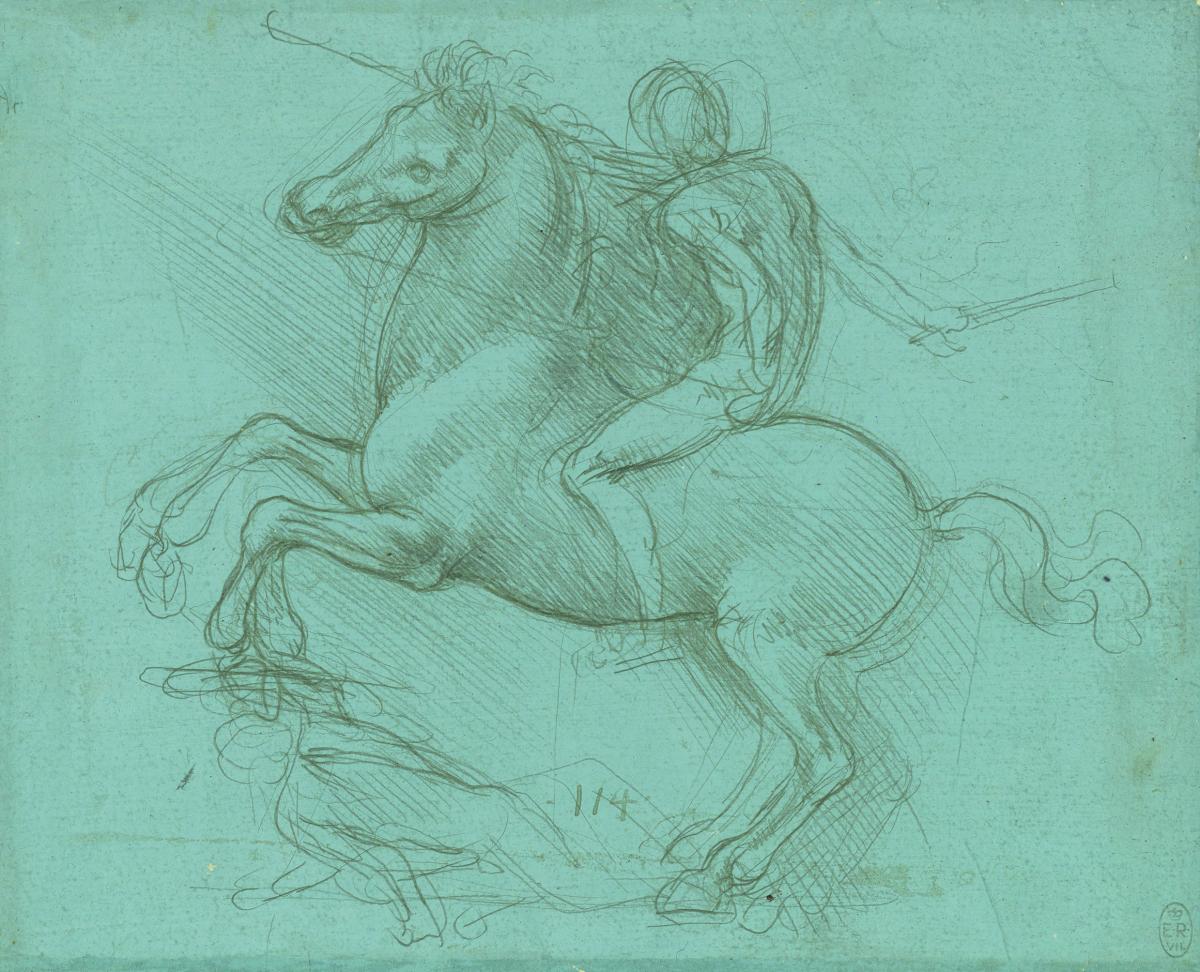 A Design for an Equestrian Monument, c1485-8. Metalpoint on Blue Prepared Paper
