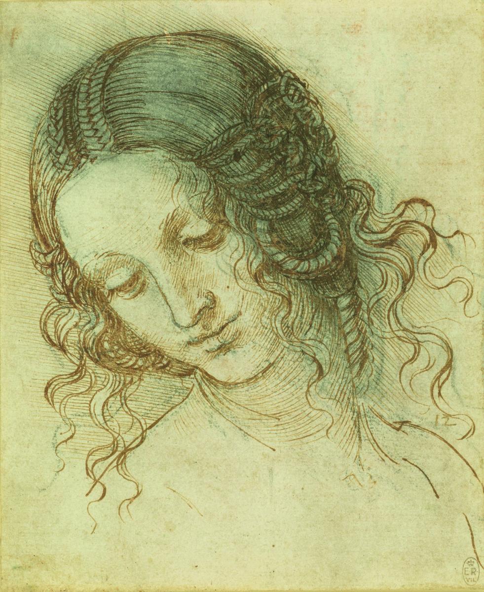The Head of Leda, c1505-8. Black Chalk, Pen and Ink