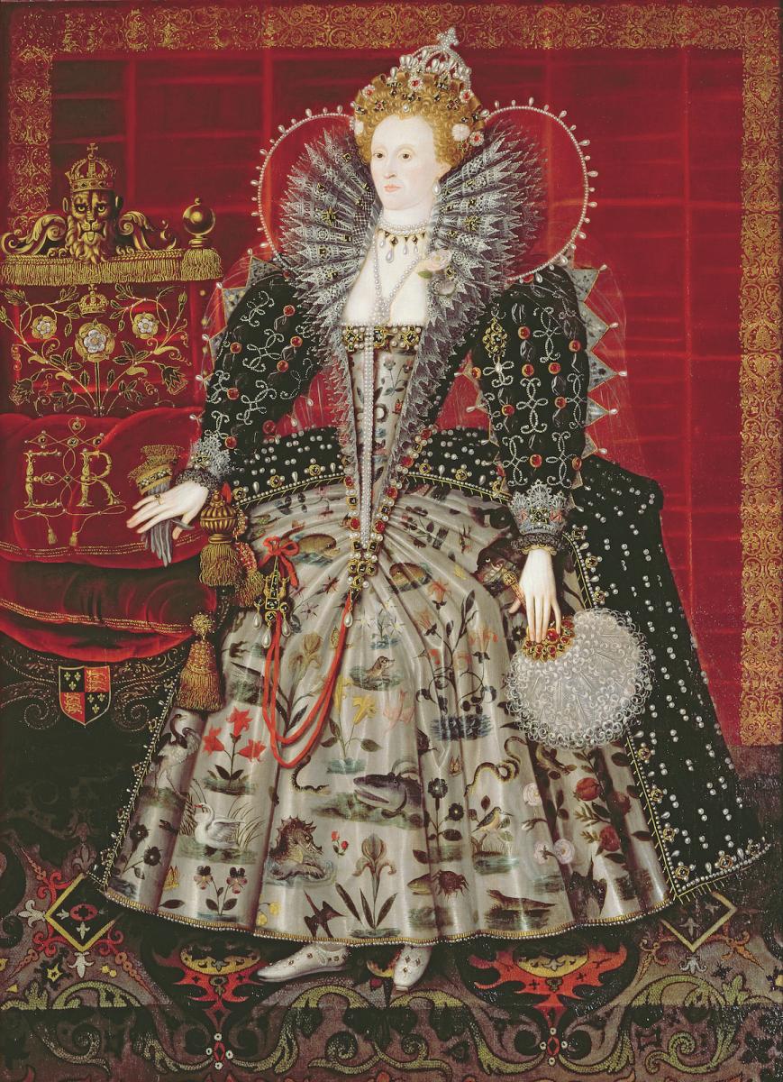 Elizabeth I in highly embroidered robes, courtesy Bridgeman Images