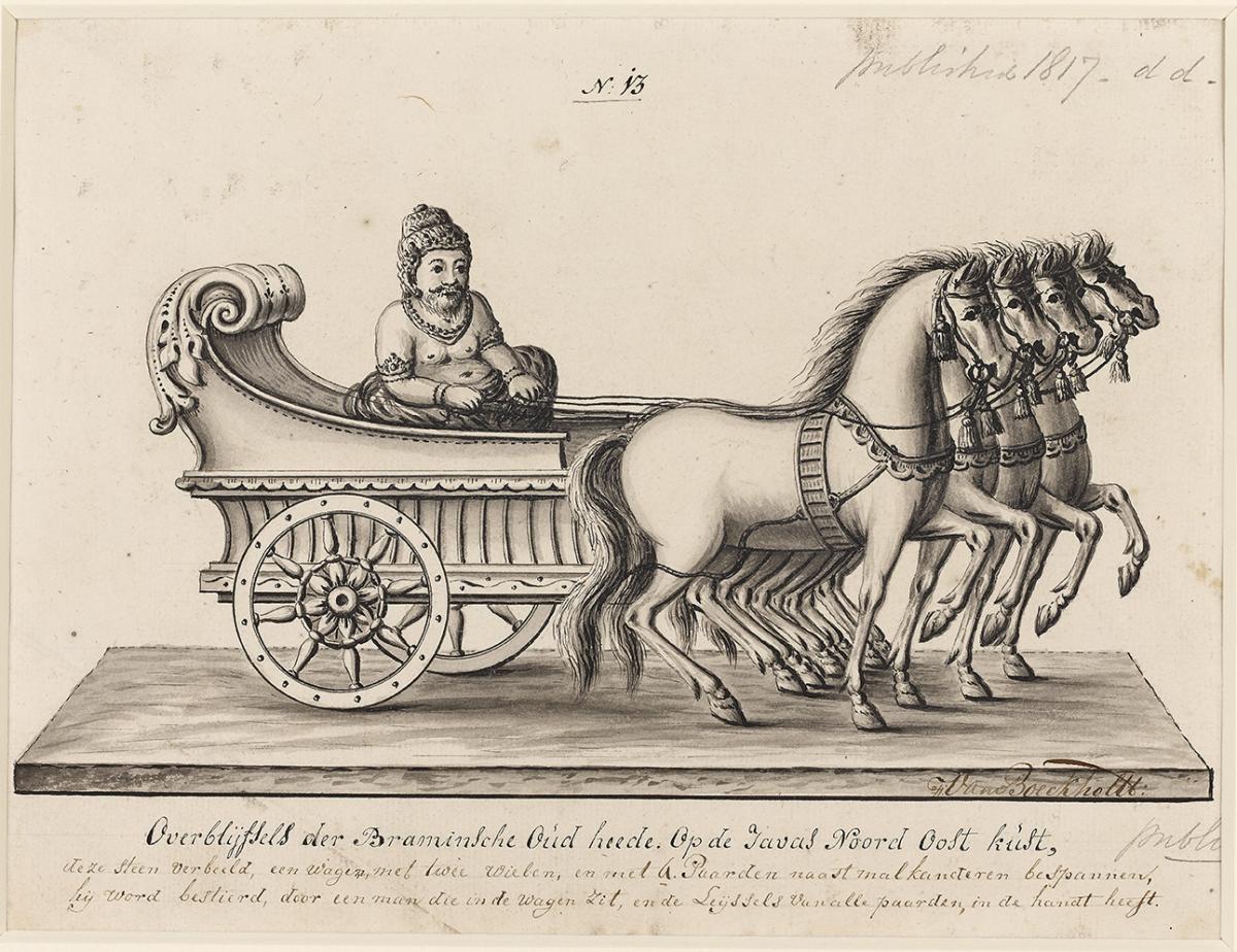 Drawing of the Hindu deity Surya in a European-style chariot with a Dutch inscription F. van Boeckholtz (Dutch) Java 1785–89 Ink and wash on paper © Trustees of the British Museum