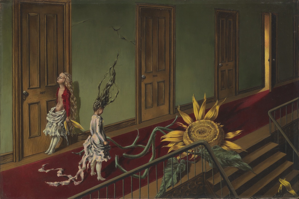 Eine Kleine Nachtmusik, Dorothea Tanning It may be named after Mozart’s joyful serenade, but this painting from 1943 has a distinctly unnerving atmosphere. A young girl stares at a broken sunflower, her hair flailing in the air, while a life-like doll leans against a hotel door. Commenting on the meaning of the work, Tanning stated: ‘It’s about confrontation. Everyone believes he/she is his/her drama. While they don’t always have giant sunflowers (most aggressive of flowers) to contend with, there are always stairways, hallways, even very private theatres where the suffocations and the finalities are being played out.’   Discover this work in The Enchanted Interior; Laing Art Gallery. Until 22 February 2020.   laingartgallery.org.uk