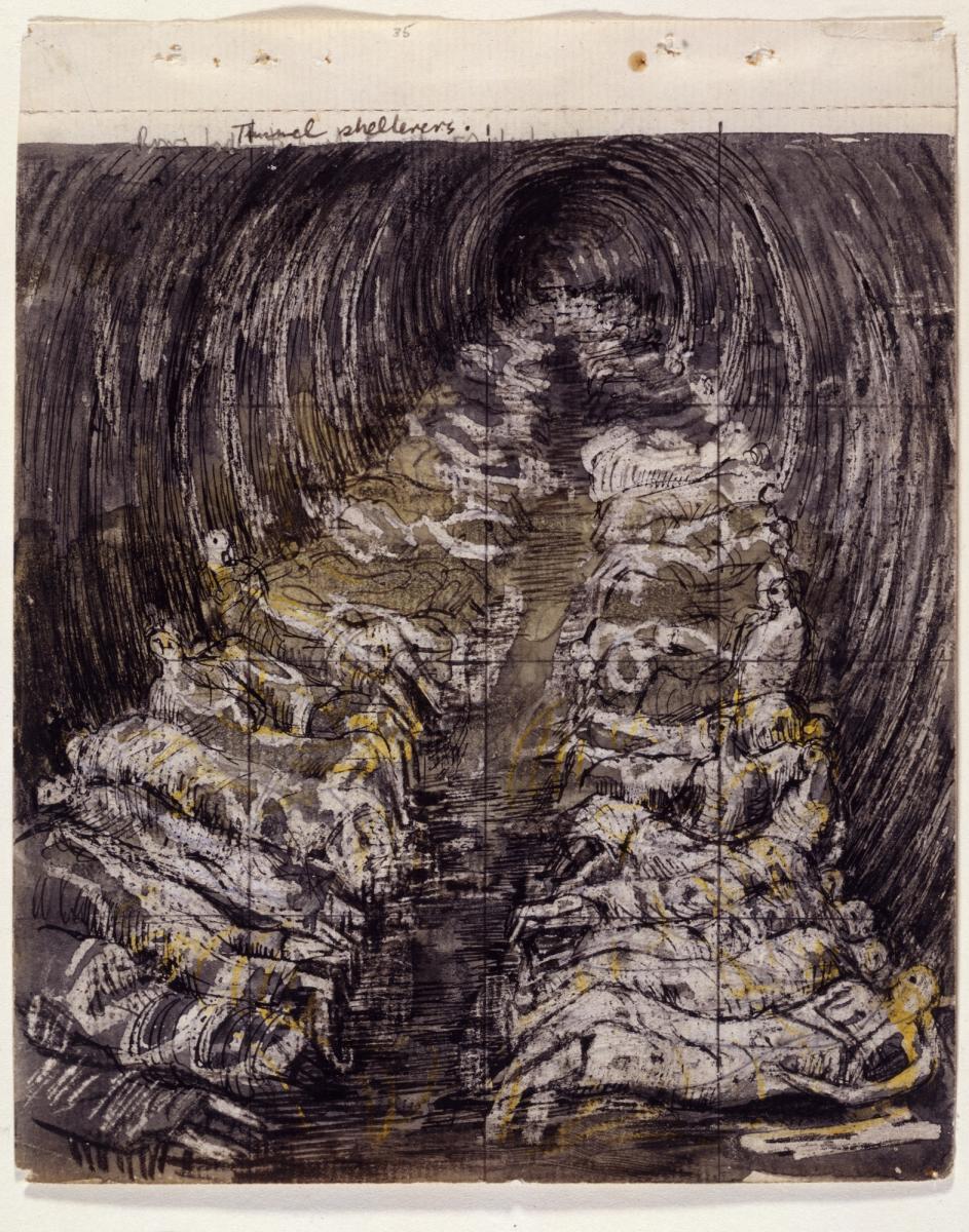 Henry Moore Study for 'Tube Shelter Perspective: The Liverpool Street Extension' 1940-41 Pencil, wax crayon, coloured crayon, watercolour, wash, pen and ink Photo: Henry Moore Archive Reproduced by permission of The Henry Moore Foundation