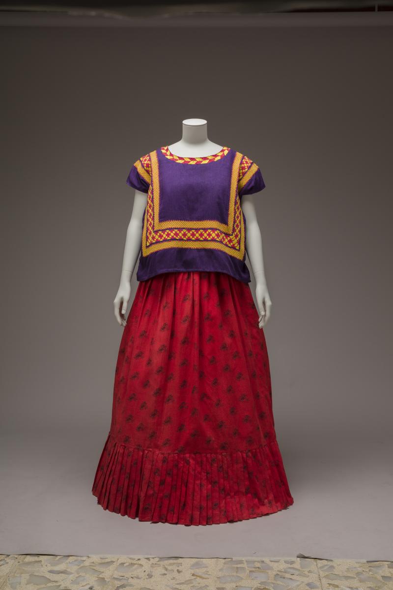 One of Kahlo’s passions was for Mexican costume, such as this, one of her huipils (sleeveless tunics) and skirts, from before 1954, from the Isthmus of Tehuantepec 