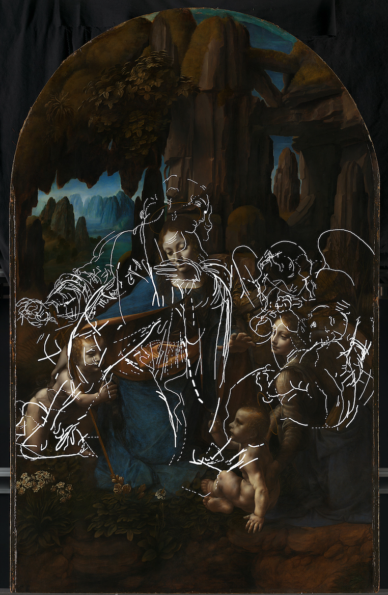 Leonardo da Vinci 1452 - 1519  Virgin of the Rocks - tracing of the lines relating to underdrawing for the first composition, incorporating information from all technical images © The National Gallery, London 