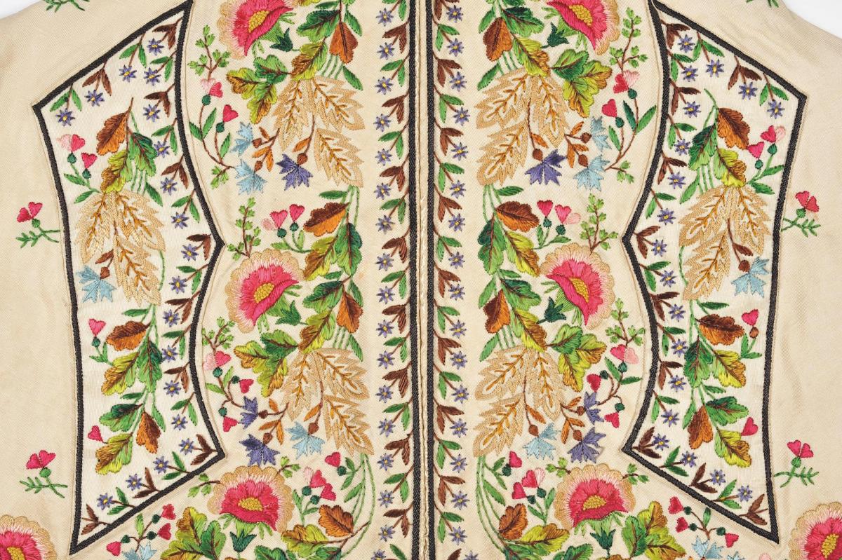 embroidered detail of an 18th- century gentleman’s waistcoat
