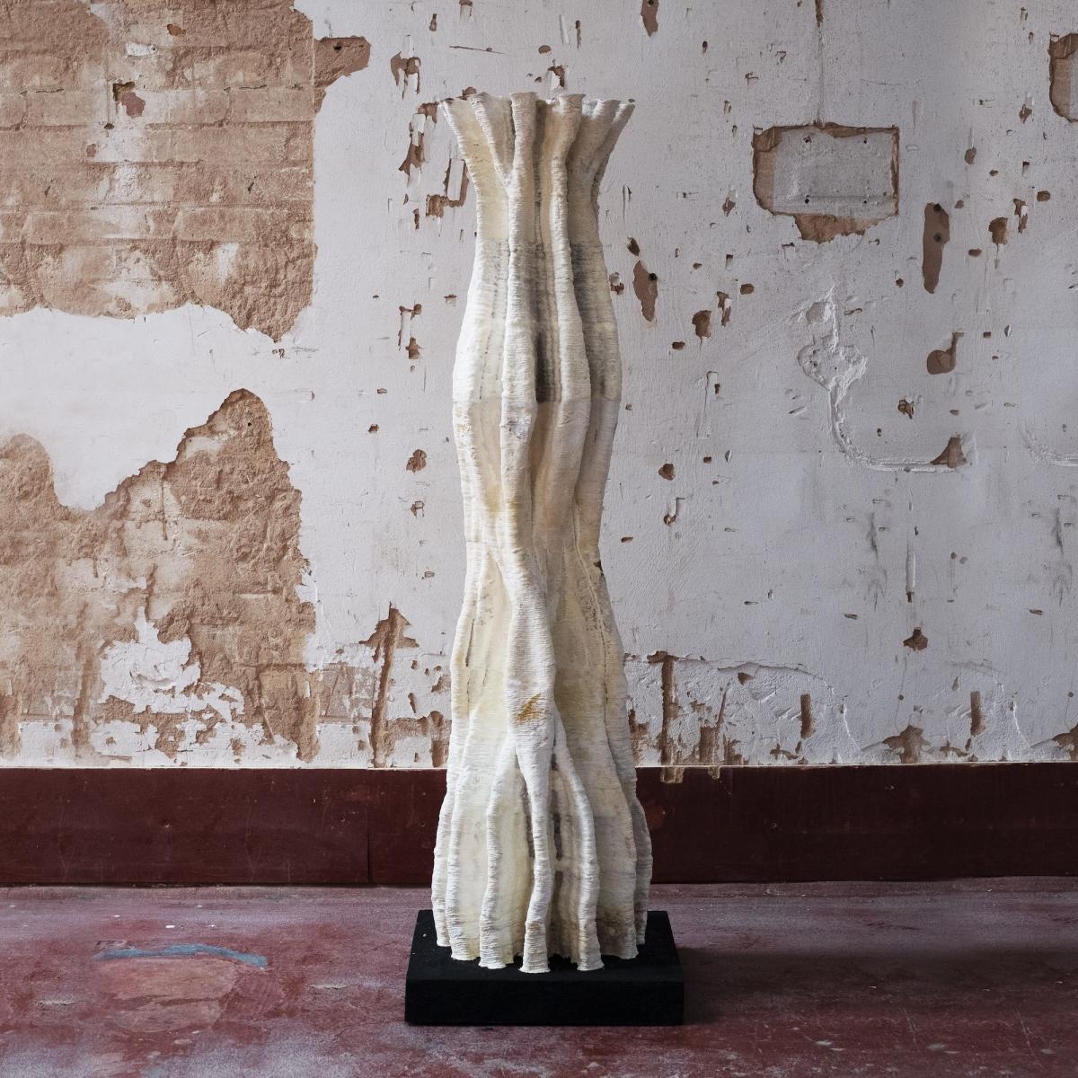 Lovely Trash Column by Blast studio — a 3D printed column made from mycelium fed and grown on coffee cup waste. Image by Blast