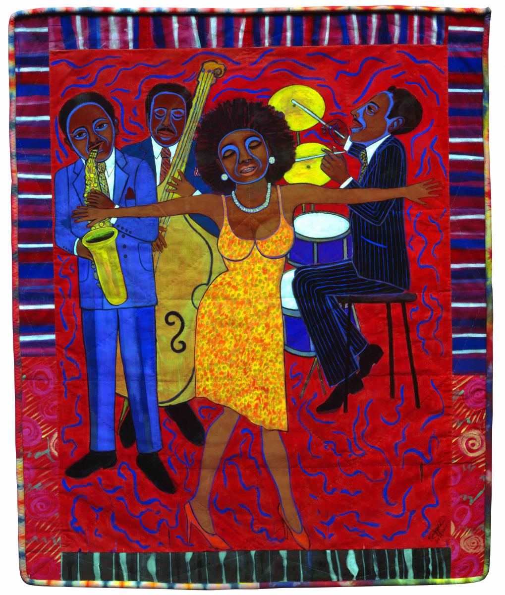 Faith Ringgold, Jazz Stories: Mama Can Sing, Papa Can Blow #1: Somebody Stole My Broken Heart, 2004, Acrylic on canvas with pieced fabric border, © 2018 Faith Ringgold / Artists Rights Society (ARS), New York, Courtesy ACA Galleries, New York