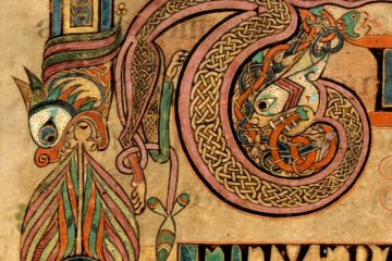 2 Celtic dragons, one to the left, breathing fire and facing down, coming from a straight border; the 2nd facing to the left, its body spiralling clockwise in 1 loop, to a straight line horizontally above it that curves down on the left into  2 legs and a tail. Interwoven loops for a celtic knot design along the body.