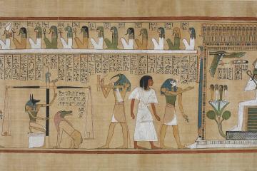 The Book of the Dead of Hunefer, sheet 3: an illuminated painted papyrus manuscript from Egypt's 19th Dynasty (c. 1275 BCE). It depicts the Last Judgement (Psychostasia) of Hunefer.