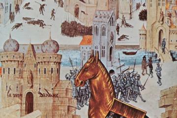 Medieval Western European representation of the Sack of Troy: Inside the walls of Troy, soldiers emerge from the wooden Trojan Horse