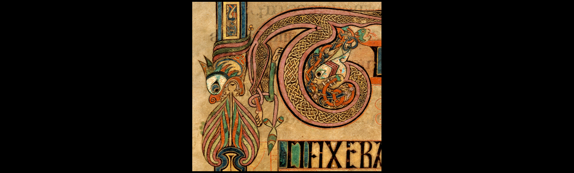 2 Celtic dragons, one to the left, breathing fire and facing down, coming from a straight border; the 2nd facing to the left, its body spiralling clockwise in 1 loop, to a straight line horizontally above it that curves down on the left into 2 legs and a tail. Interwoven loops for a celtic knot design along the body.