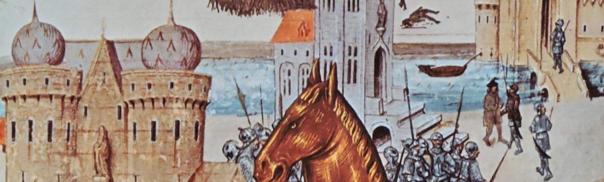 Medieval Western European representation of the Sack of Troy: Inside the walls of Troy, soldiers emerge from the wooden Trojan Horse
