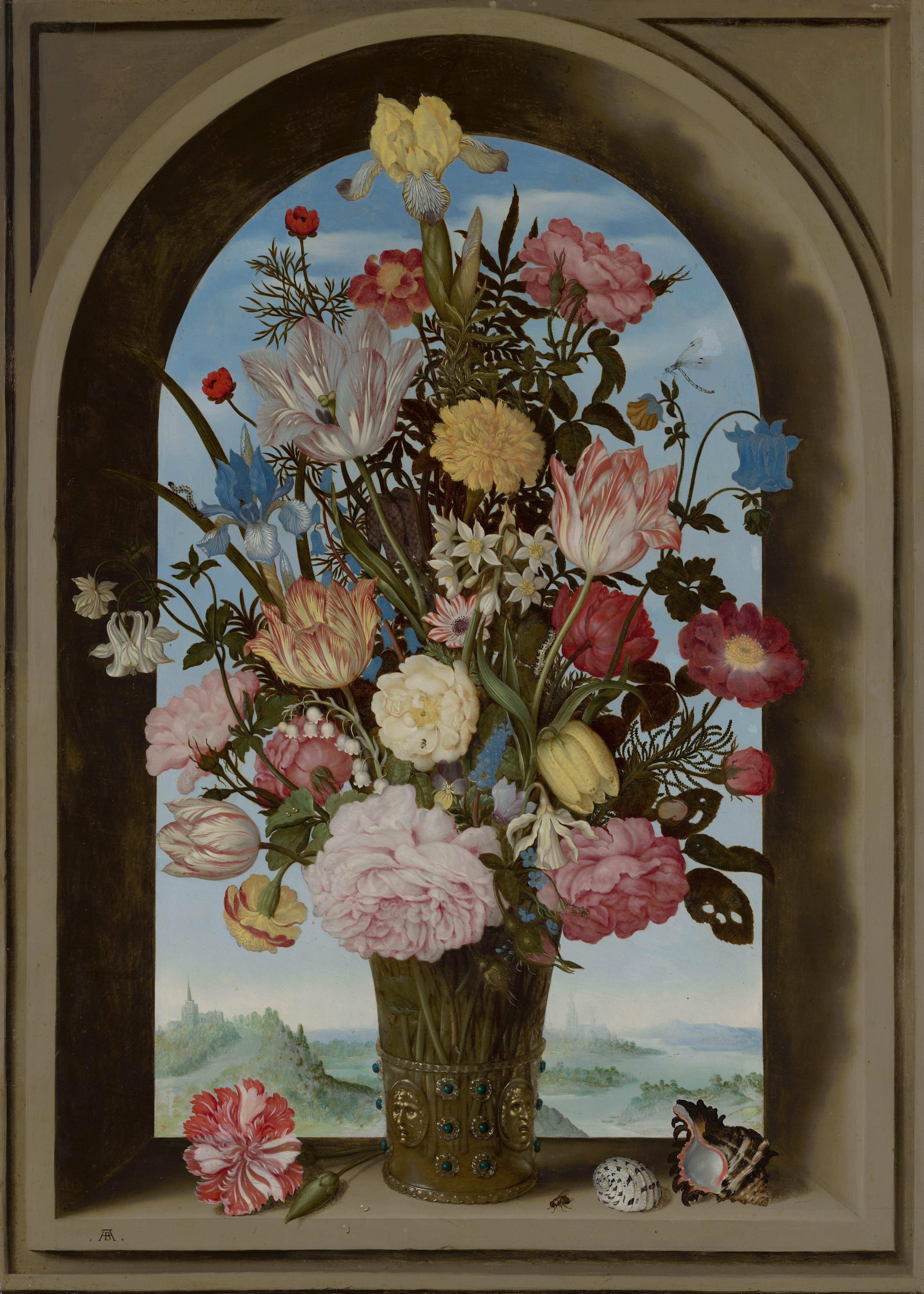 Vase of flowers in a window by Ambrosius Bosschaert the Elder 