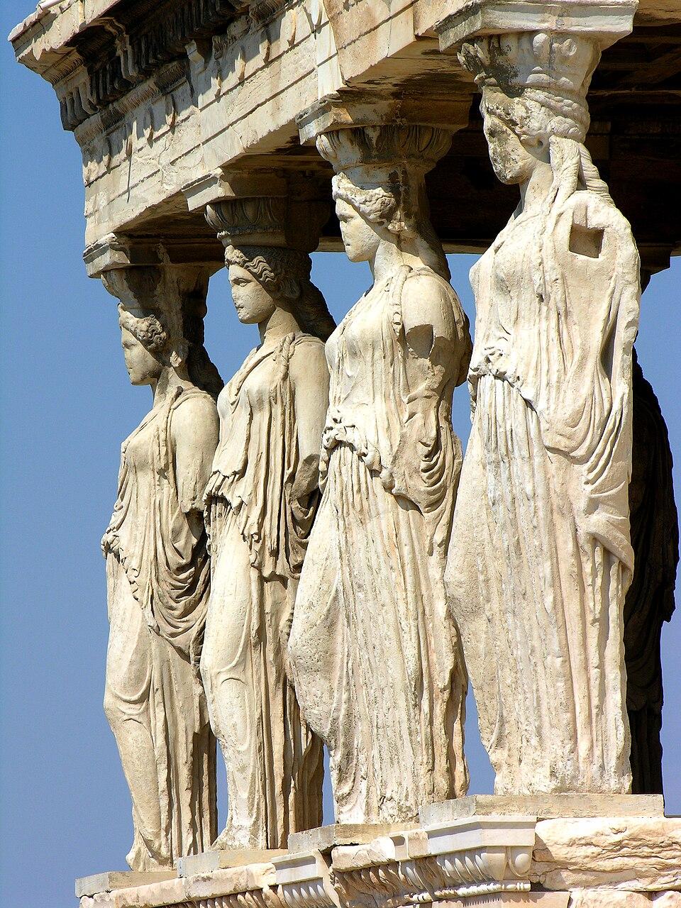 The Caryatids on the South Porch of the Erechtheion, situated on the North side of the Acropolis, Athens
