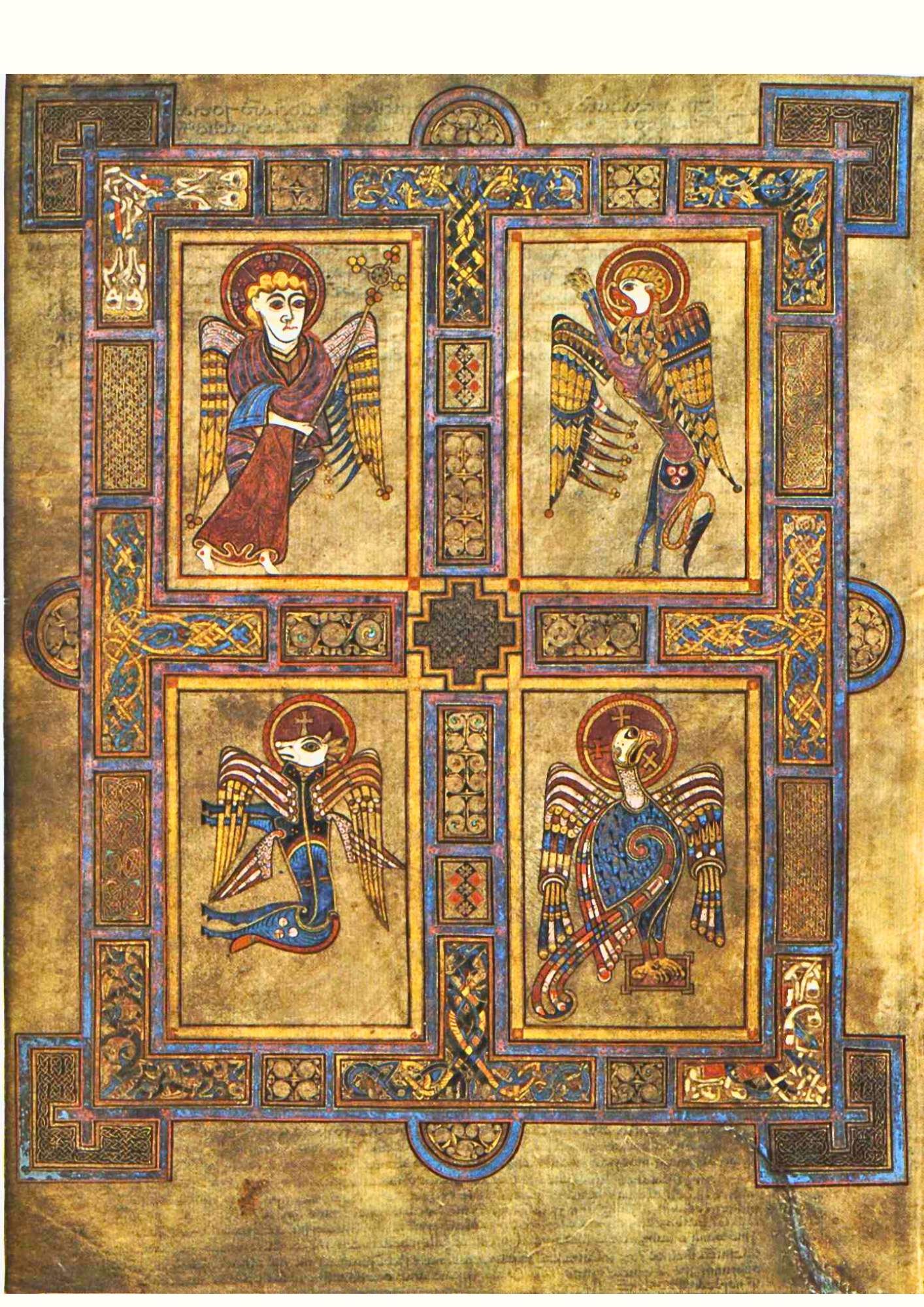 "The Four Evangelists Page"- although the page has darkened considerable with age, the wide rectangular frame, divided into four by horizontal and vertical lines at the midpoints, show vivid red, yellow, blue, and white repeated geometric patterns (inside the wide borders of this frame). The four quadrants inside this frame feature winged creatures in the same colours as the frame: Mathew, top left, represented by a winged man, Mark by a winged lion, Luke by a winged ox, and John by an eagle.