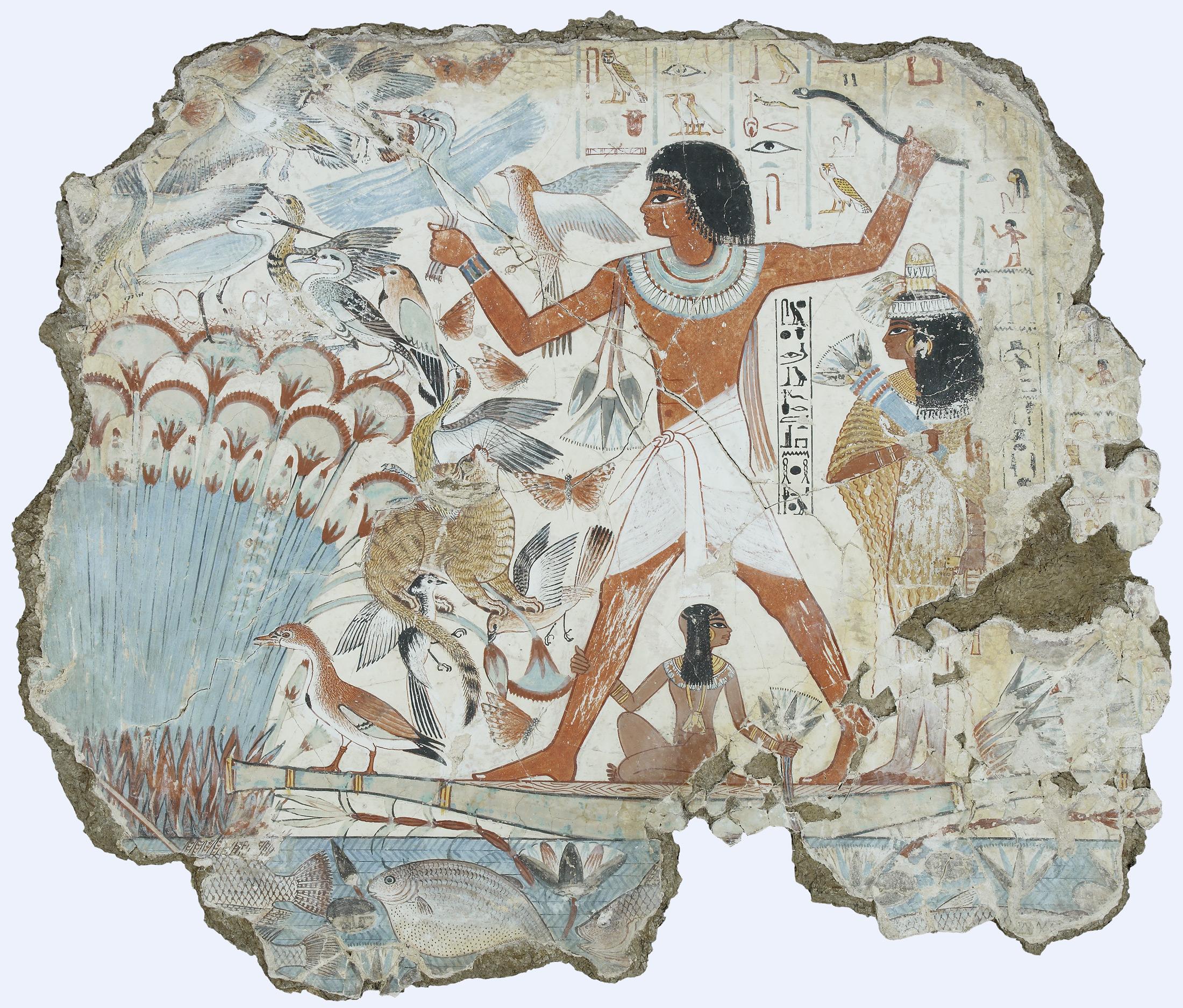 Nebamun hunting in the papyrus thicket; excerpt from a mural in the tomb of Nabamun in Thebes-West, tempera on plaster, from the 18th Dynasty (pre 1350BC).