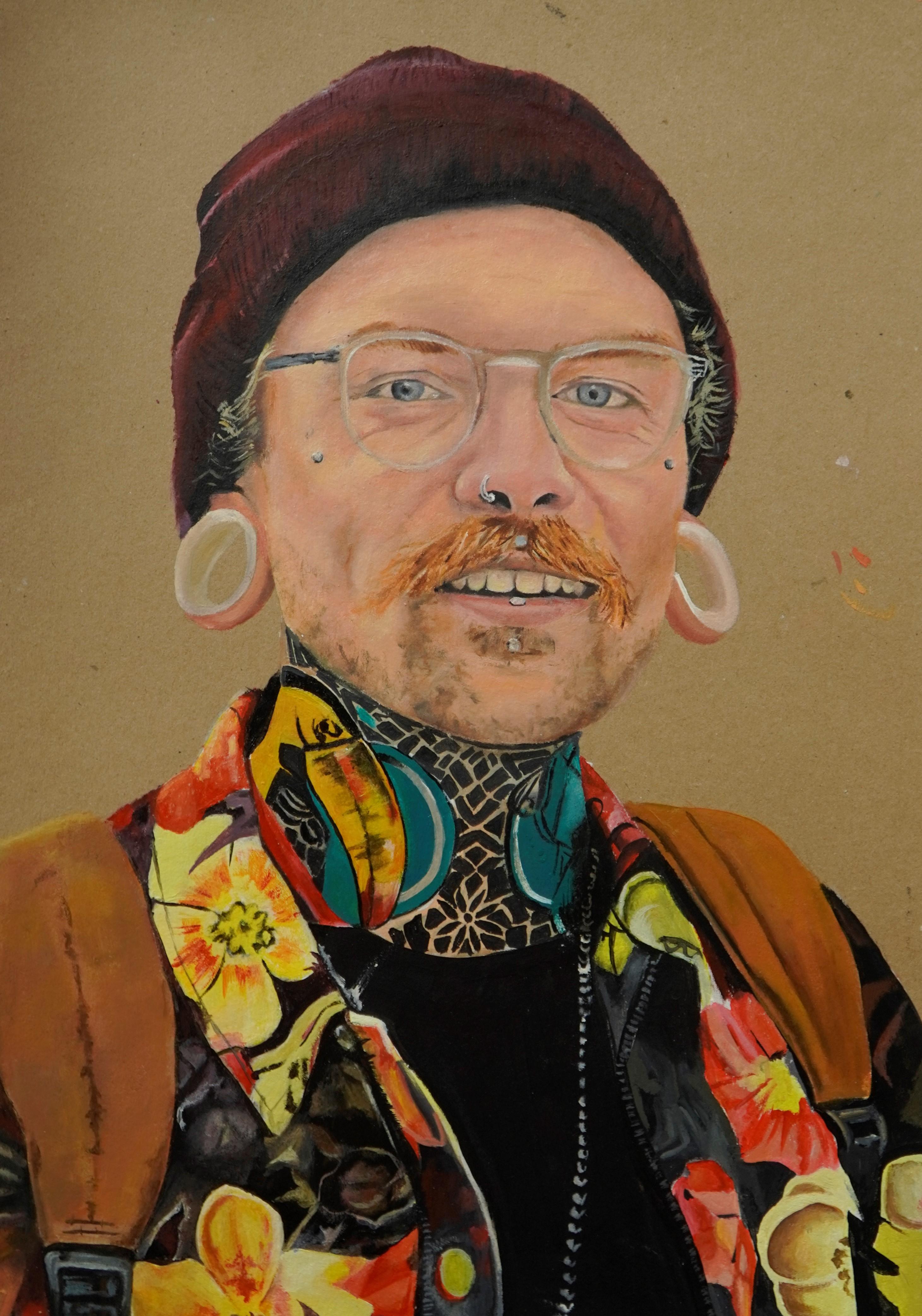 An oil painting of a man with vibrant clothing, flesh tunnels and piercings, smiling. 