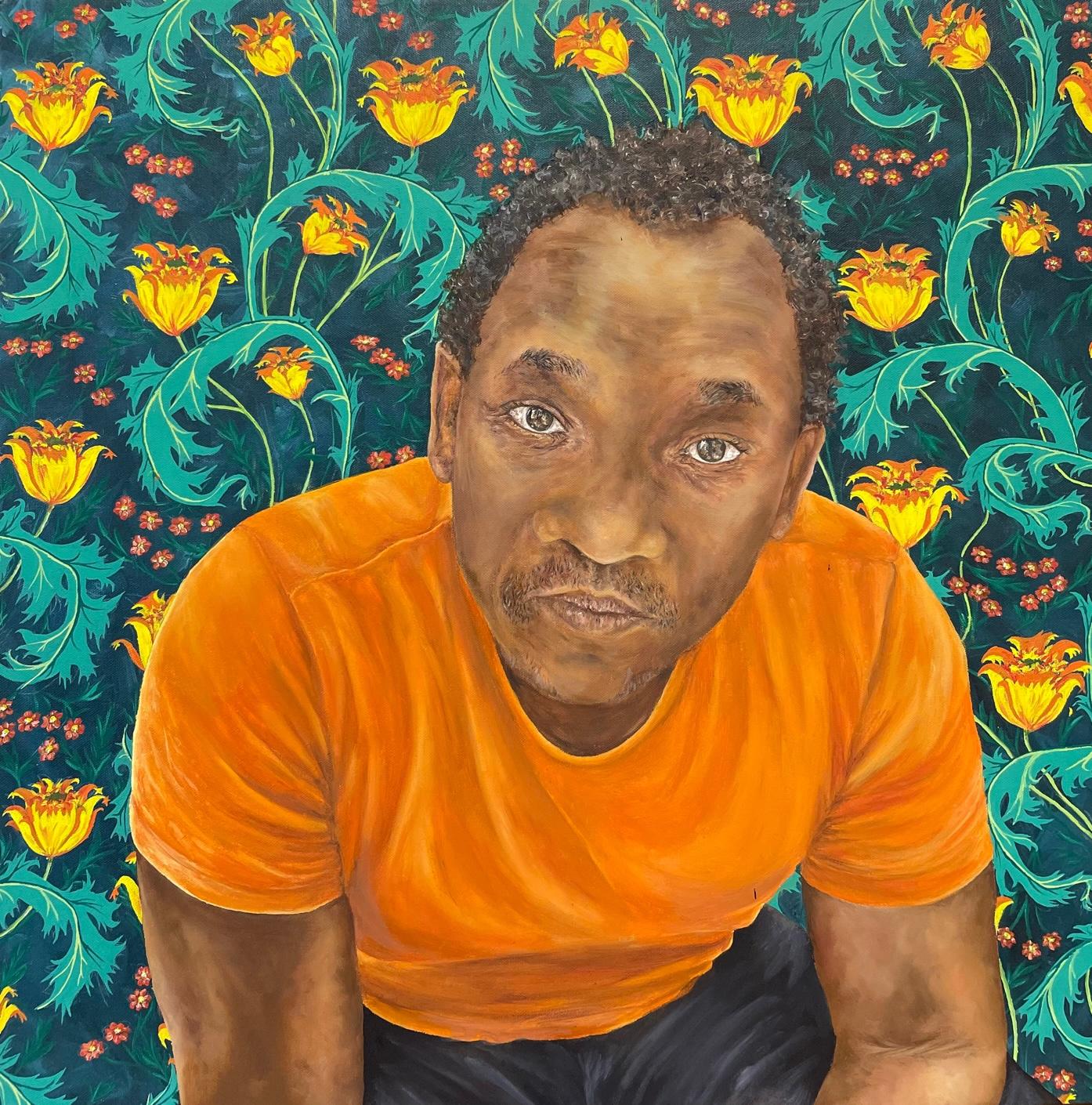 A painting of a man looking directly at the audience, against a vibrant patterned background, wearing a bright orange t-shirt.