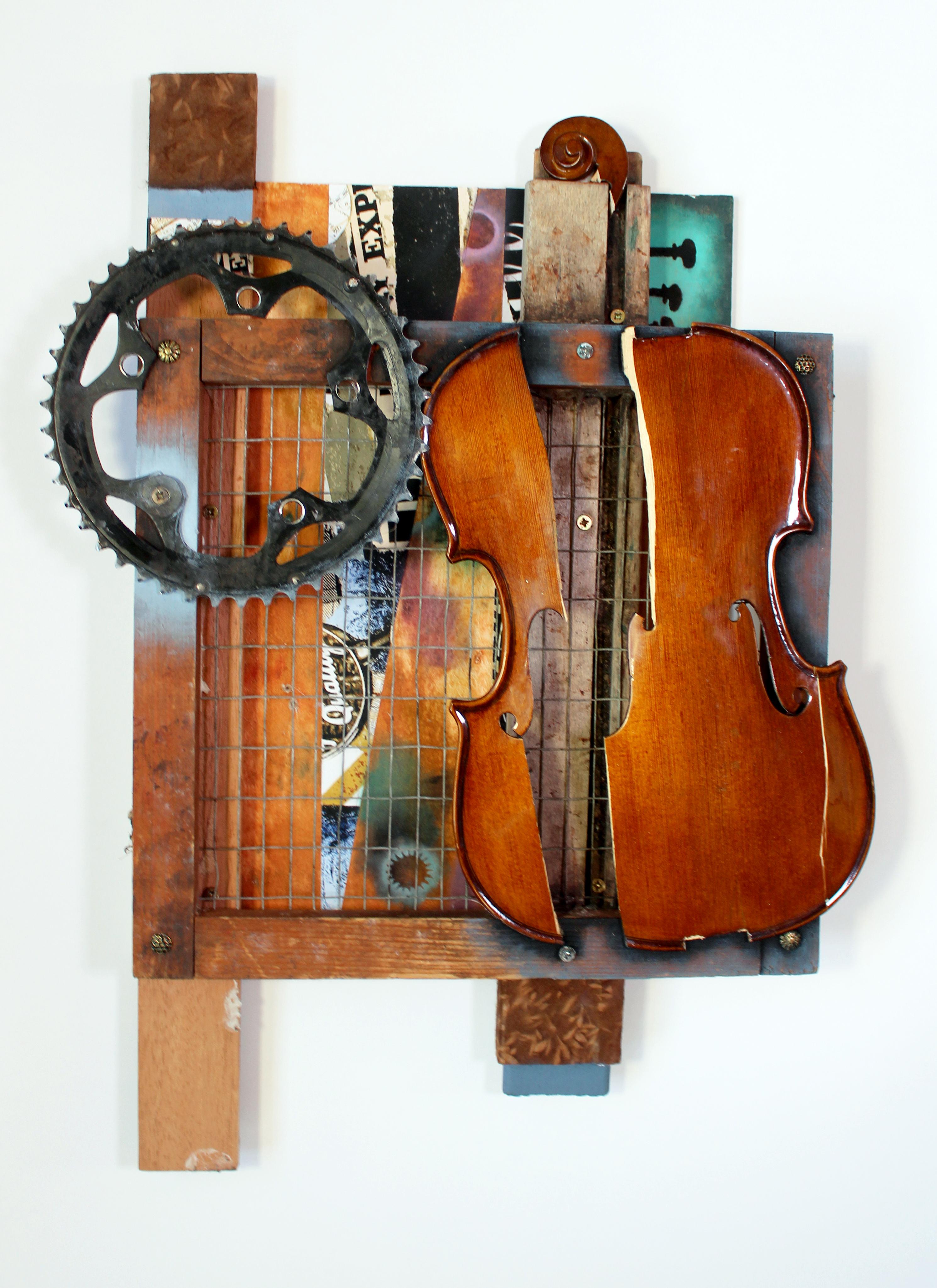 A mixed media artwork featuring elements of a violin 