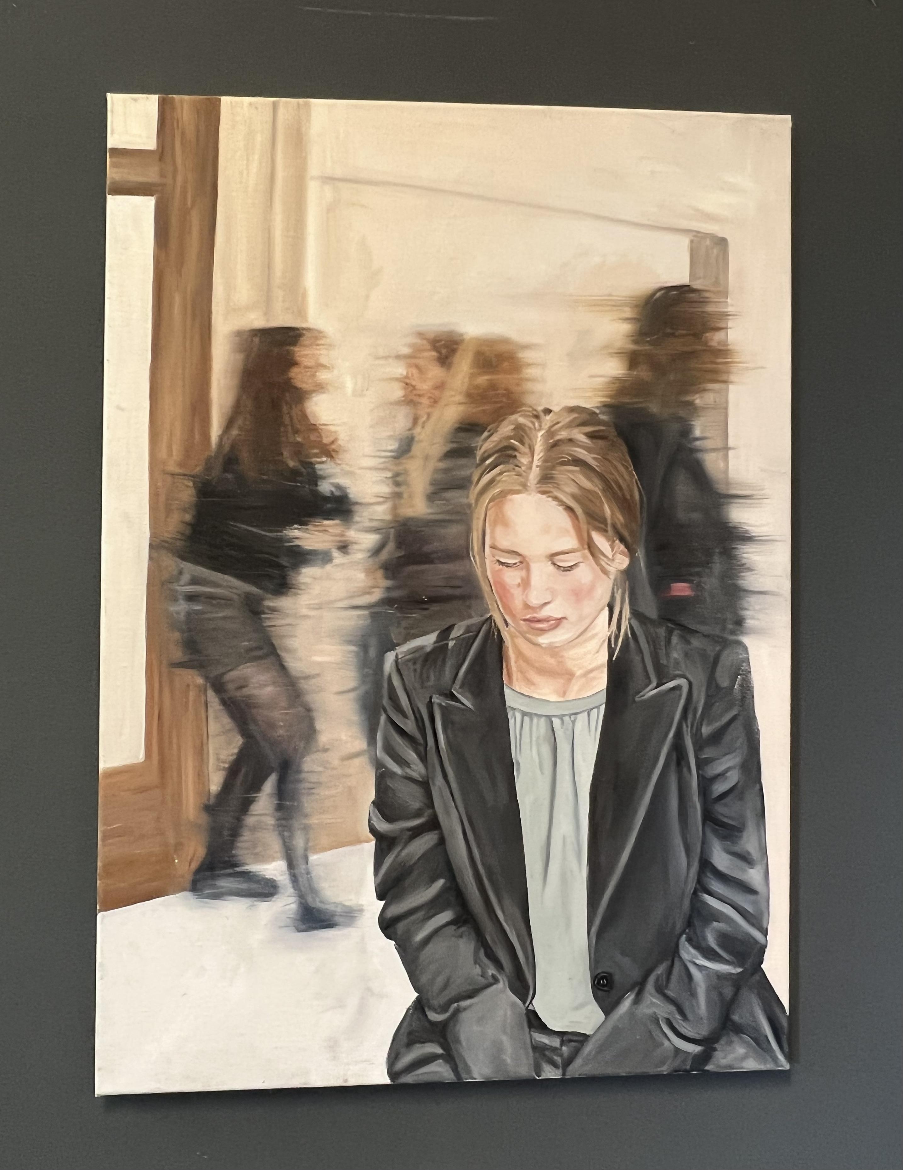 A smartly dressed woman in the foreground in focus, whilst others in the background are blurred figures, created with acrylic and oil