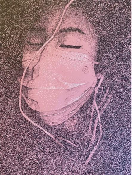 A granulated image using ink on paper, featuring someone's with a mask on and their eyes closed 