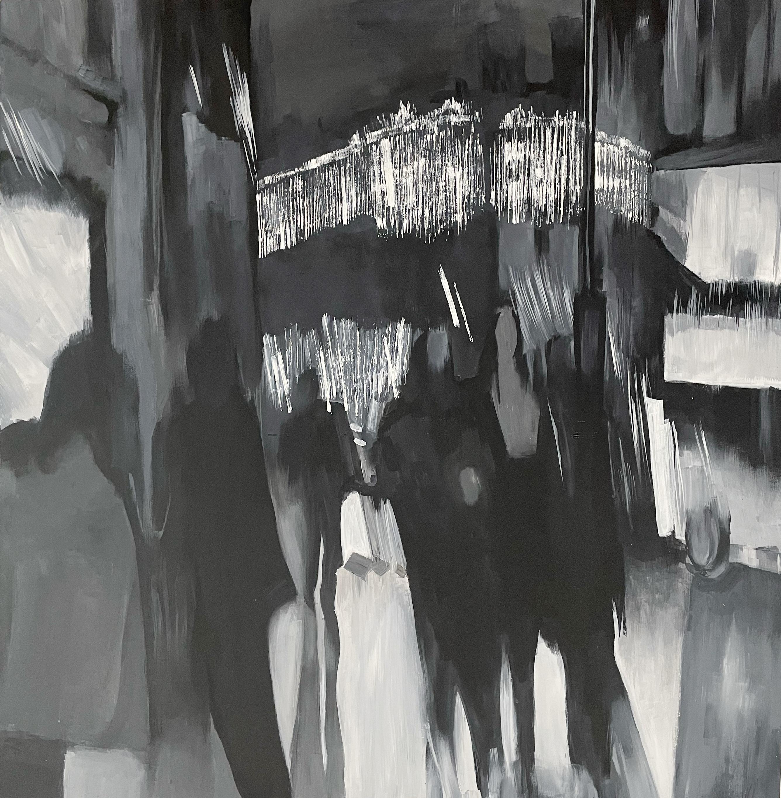 An abstract point in black and white acrylic of people walking through the city streets with light reflecting
