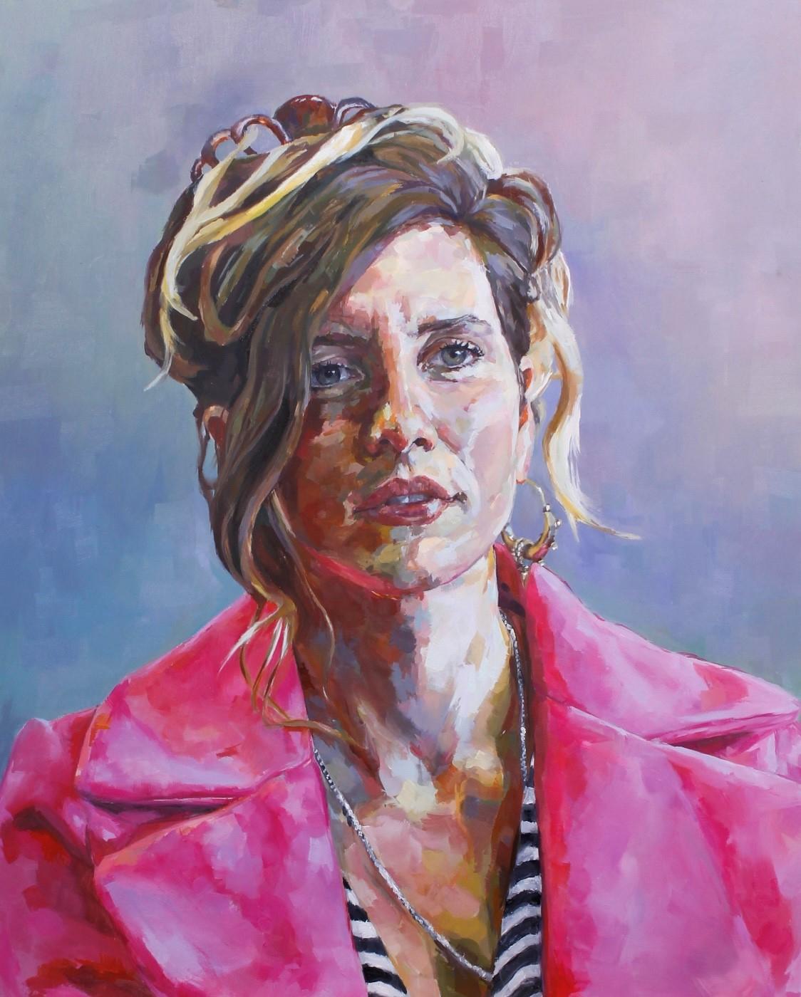 An oil painting of a woman with a bright pink coat, large earrings and her hair up, with a serious look on her face, looking into the distance 