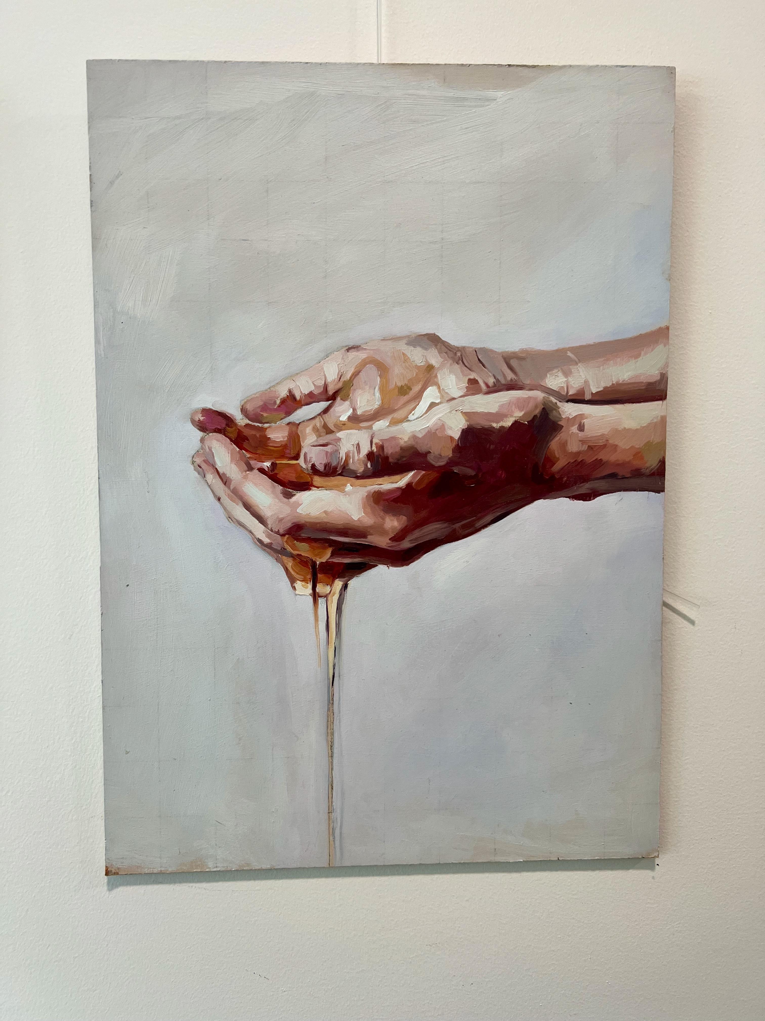 An oil painting featuring someone holding honey, which drips through their hands