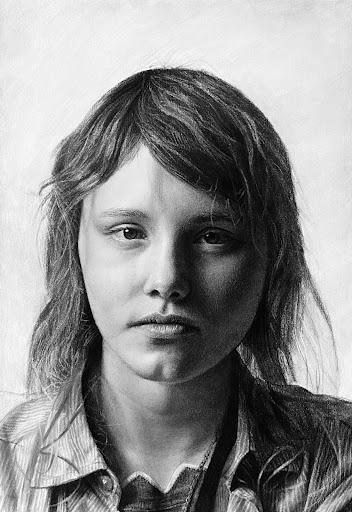 A black and white image created using graphite, featuring a woman looking straight into the eyes of the viewer