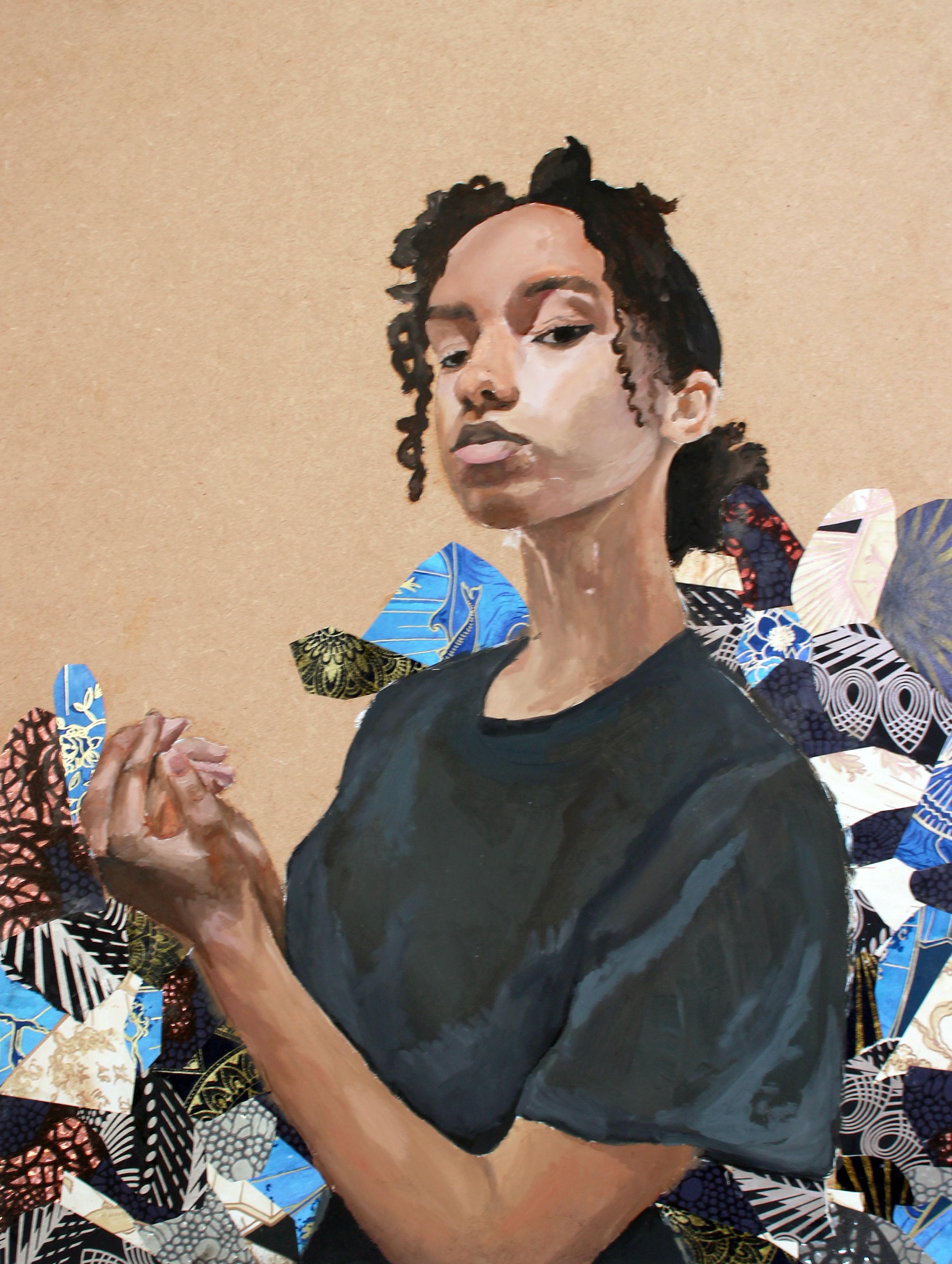 A mixed media piece featuring painting and collage, of a woman staring directly into the eyes of the viewer whilst holding her hands together