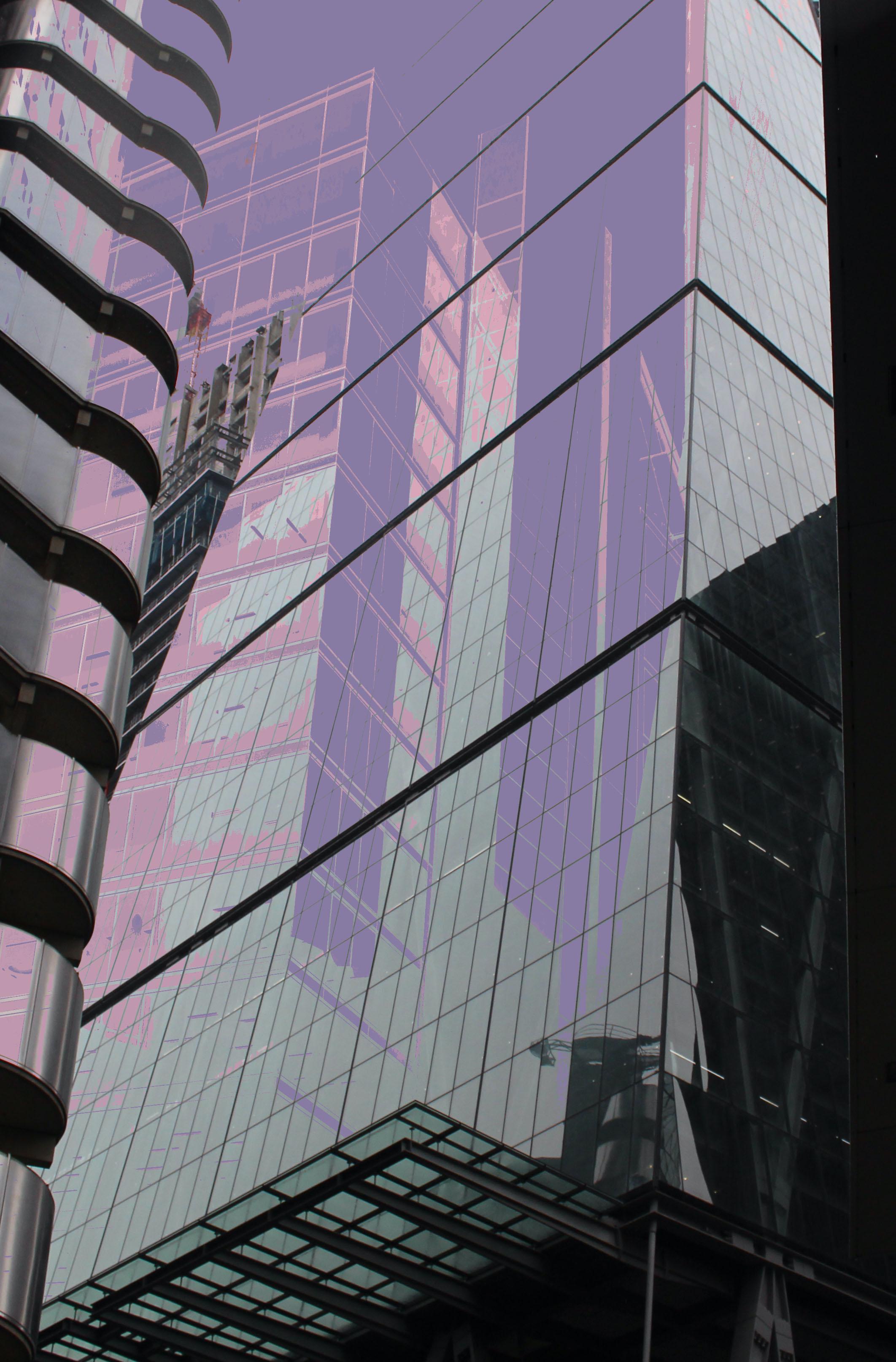 A digitally altered photograph of reflective high buildings