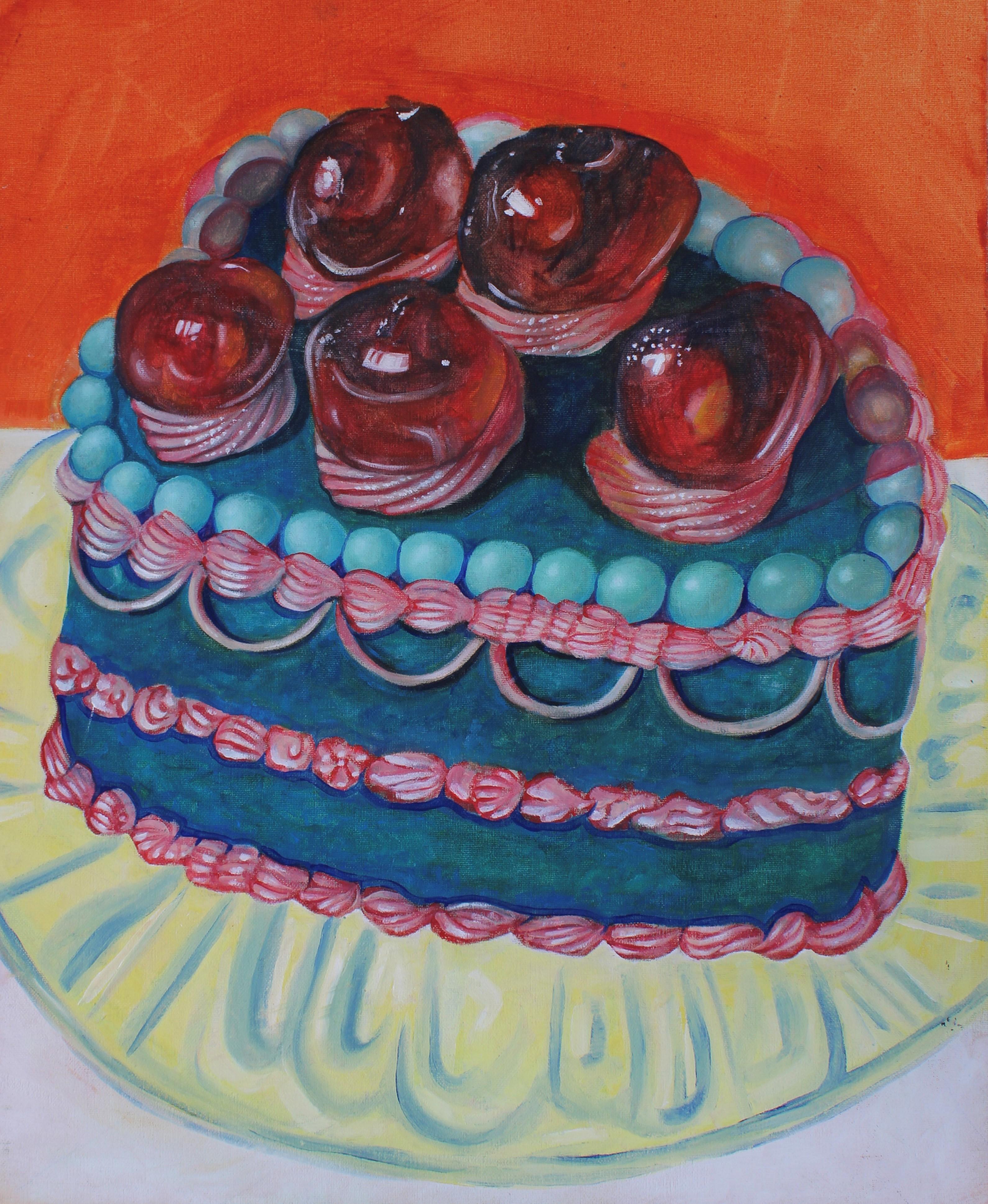 An acrylic painting of an elaborately decorated cake with piping, in pink, blue and red. 