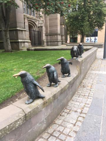 Penguins outside church